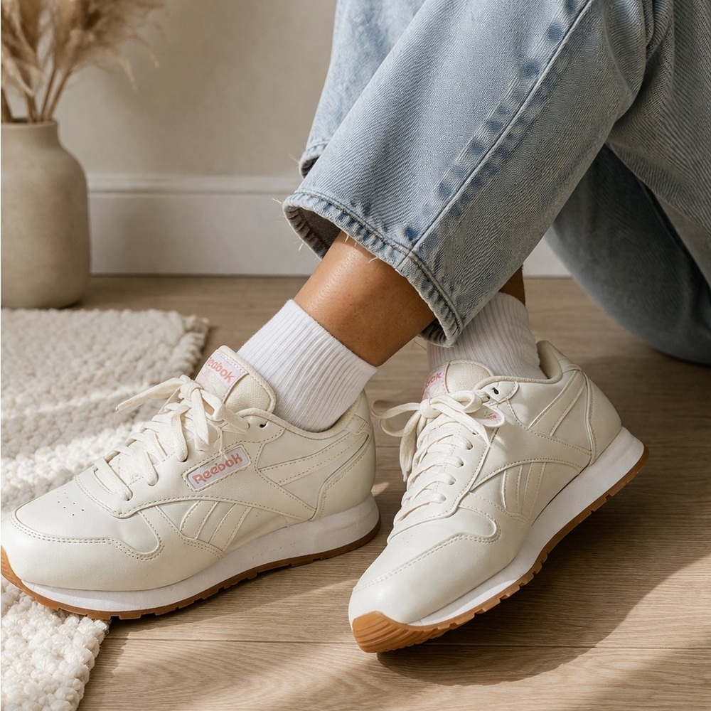 Reebok Classic Leather Sneakers Womens 6.5 Ivory Gum Sole